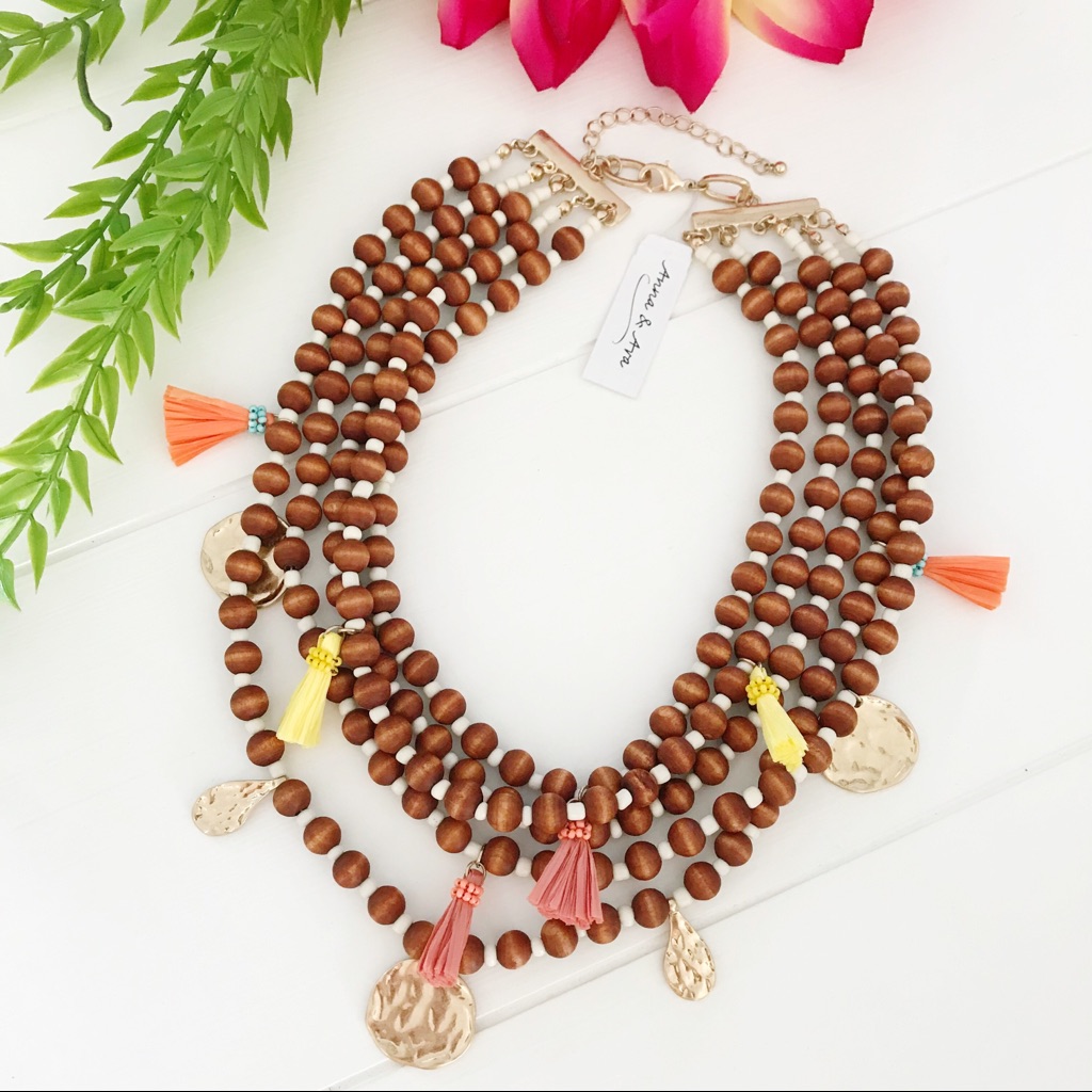 Multi Strand Beaded Raffia Tassel Charm Necklace Nwt